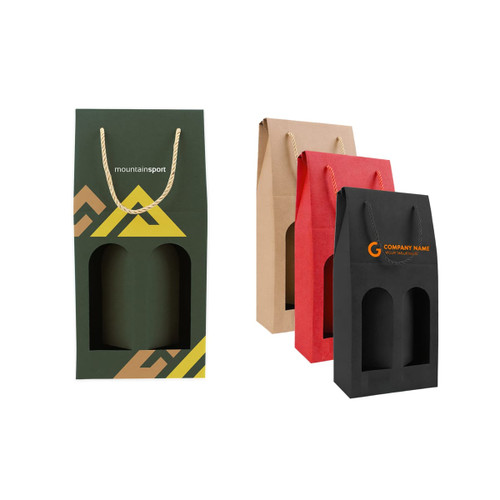 A double bottle wine box in green, brown, red, and black, featuring a rope handle and a logo on one box.