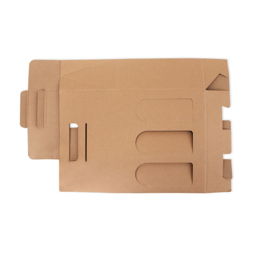 A cardboard packaging box in a light brown hue, designed to hold three wine bottles, featuring cutout handles and a logo.