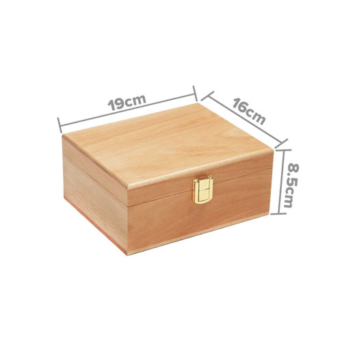A wooden case in a light timber finish, featuring a gold clasp, measuring 19cm x 16cm x 8.5cm.