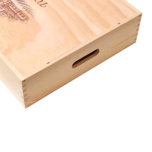 A wooden gift box in natural wood colour with a side handle, featuring decorative engraving.
