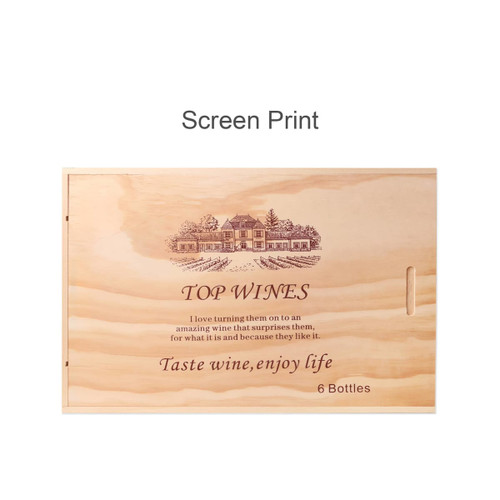 A wooden gift box for six bottles of wine, featuring a natural finish and an engraved design on the lid.