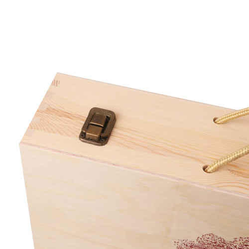 A vintage wooden wine box in light wood, featuring a metallic clasp and golden rope handle.