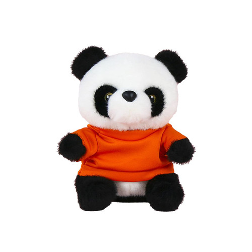 A cute plush panda toy with black and white fur, dressed in an orange shirt, featuring a small branding logo.