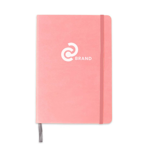 A5 PU cover notebook in pink with a grey ribbon bookmark and a logo on the front.