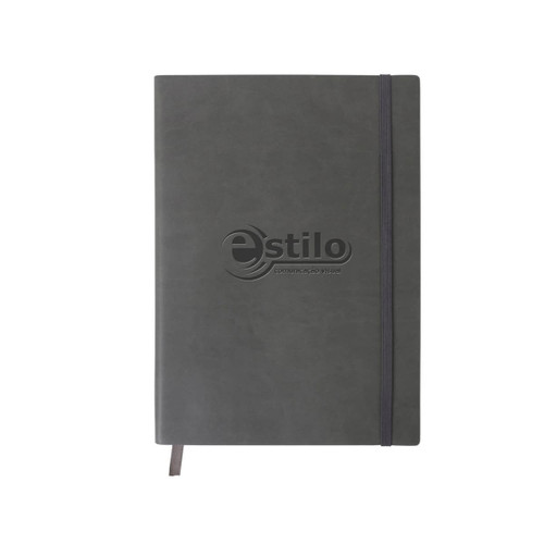 A dark grey PU cover notebook with an elastic band and a logo on the front.