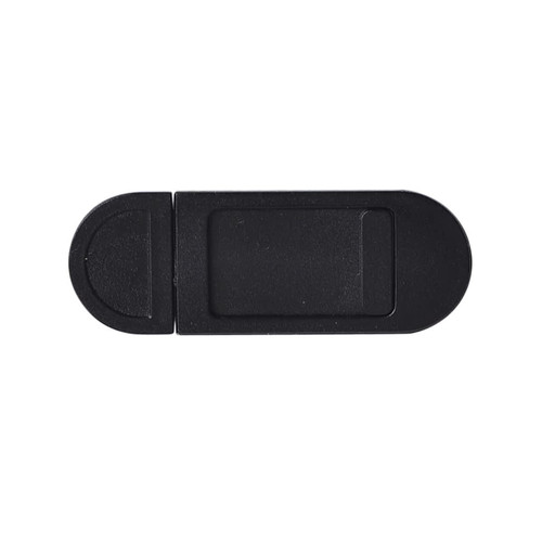 A black tablet webcam cover with a sliding mechanism. It features an oval shape and has a logo.