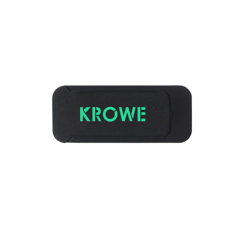 A black tablet webcam cover with a green logo. It features a sliding mechanism for privacy.