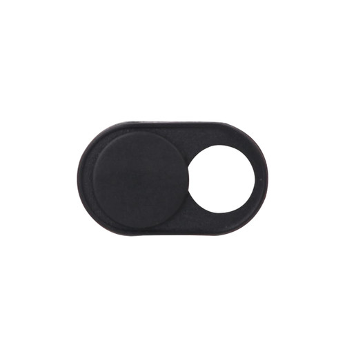 A black mini webcam cover featuring a sliding mechanism to open and close the lens.