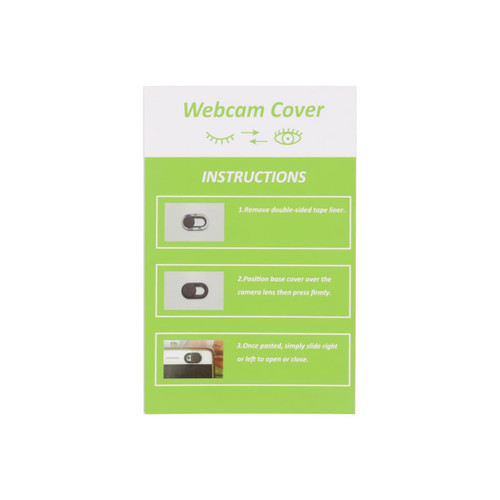 A compact, black webcam cover in a green instructional card, featuring a logo and illustrated steps for use.