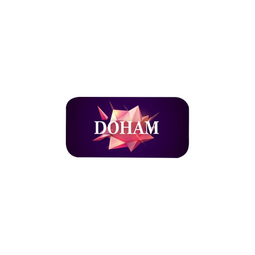 A geometric logo design featuring shades of purple and pink, with the text "DOHAM" prominently displayed.
