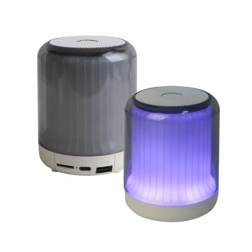 A grey LED portable Bluetooth speaker with a soft, glowing base, featuring a USB port and branding.