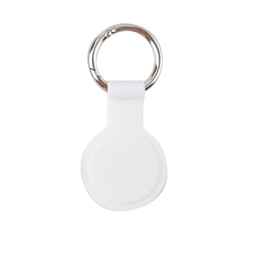 A white protective case for an Air Tag, featuring a metal keyring for attachment.