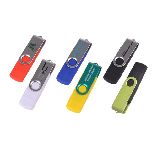 A collection of six double-end Belton Type C flash drives in colours including red, white, green, black, and yellow, featuring various logos.