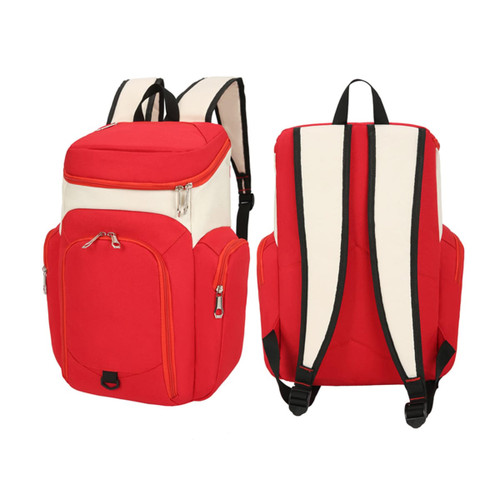 A red and cream basketball backpack with multiple compartments and adjustable straps. It features a logo.
