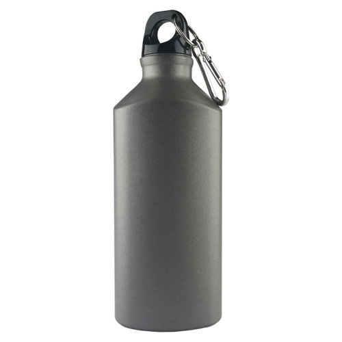 A drink bottle in a sleek grey finish, featuring a secure lid and a carabiner for easy attachment.
