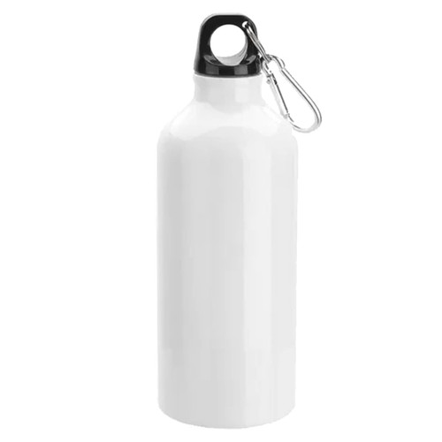A drink bottle in white with a black lid and a metal carabiner attached. Features a smooth, glossy finish.