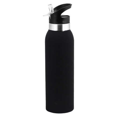 A drink bottle in matte black with a silver band near the top and a flip-top spout. Features a logo.