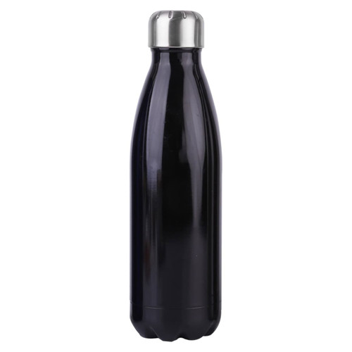 A drink bottle in black metal with a silver cap, featuring a sleek, curved design and a visible logo.