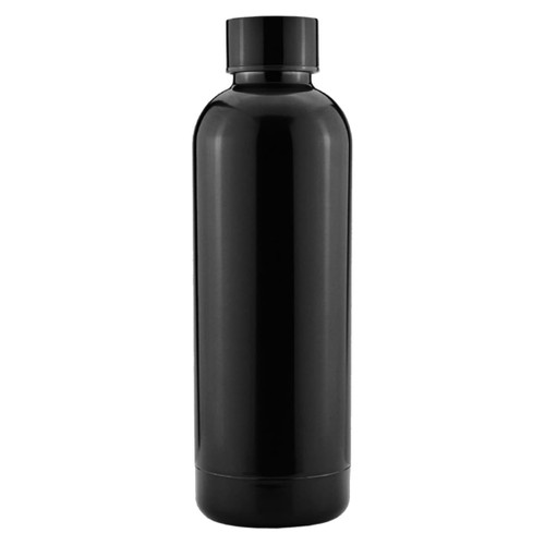 A drink bottle in sleek black, featuring a standard cap and a smooth, shiny finish. It includes a logo.