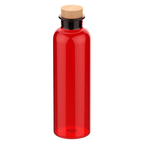 A drink bottle in vibrant red with a cork stopper and a sleek design. It features a logo on the body.