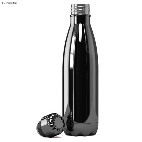A drink bottle in gunmetal silver with a black cap, featuring a logo on its side.