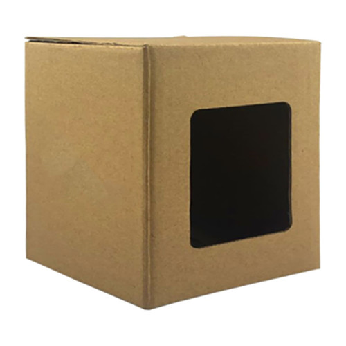 A small brown gift box with a clear window on one side, designed for packaging drinkware.