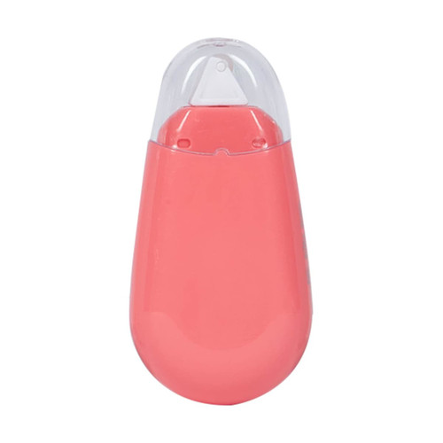 A pink glue tape dispenser with a transparent cap, featuring a rounded shape. It includes a branding logo.