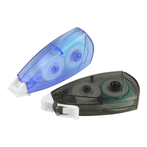 Two glue tape dispensers in blue and grey, featuring circular tape chambers and a design with a logo.