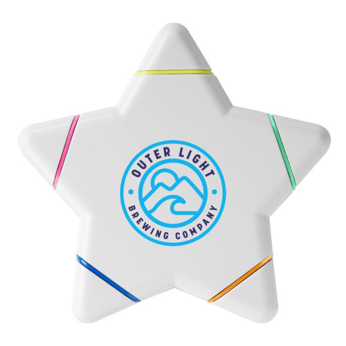 A star-shaped highlighter in white with coloured ends—pink, orange, yellow, and green. The product features a logo.