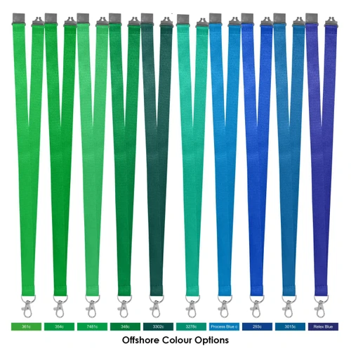 A selection of polyester lanyards in various shades of green, blue, and purple, featuring clips and branding.