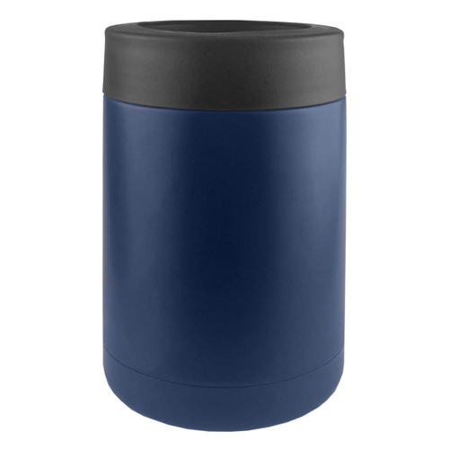 A stainless steel stubby holder in navy blue with a black top, featuring a logo.