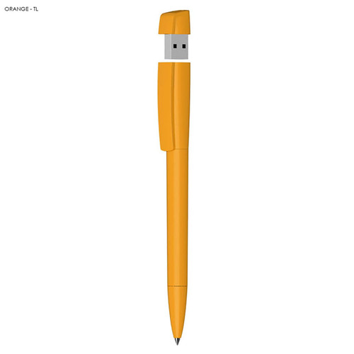 An orange USB pen with a 16GB storage capacity, featuring a cap that doubles as a pen tip.