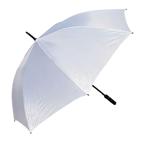 A large white golf umbrella with a black handle and a support structure, featuring a logo on the canopy.
