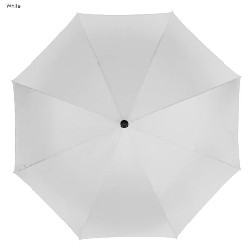 A white golf umbrella with a central handle and a simple design. It features a logo on the handle.