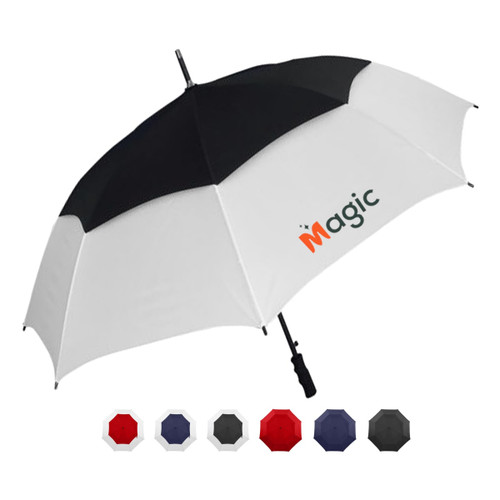 A black and white umbrella with a logo, featuring various colour options displayed below.