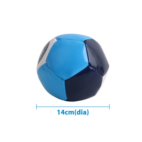 A mini soccer ball in blue and navy, measuring 14 cm in diameter, featuring a logo.