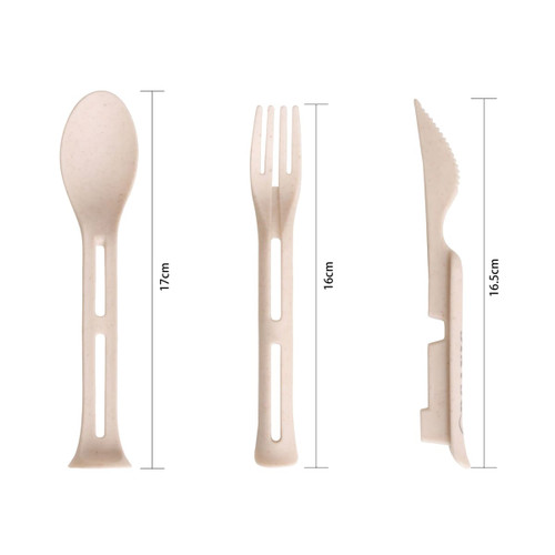 A portable utensils set featuring a spoon, fork, and knife in a light beige colour, with measurement details included.