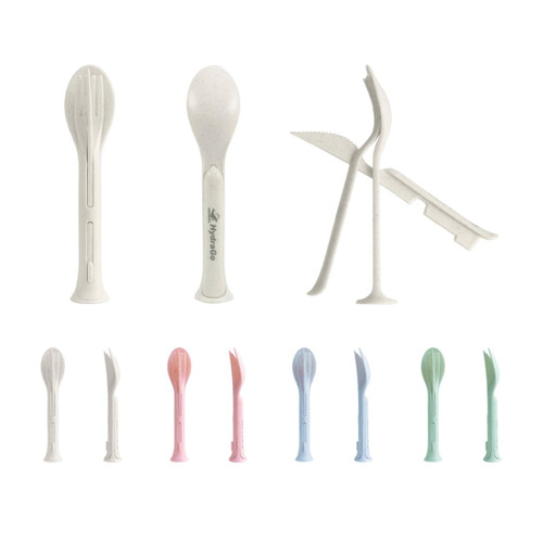 A set of portable utensils including spoons, forks, and knives in various pastel colours. The set is compact and features a logo.