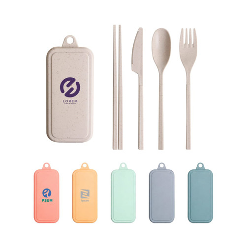 A travel utensils set featuring a case and four utensils: a fork, knife, spoon, and chopsticks in assorted pastel colours.