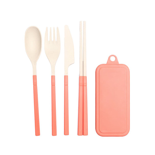 A travel utensils set featuring a spoon, fork, knife, and chopsticks with coral handles, and a matching storage case.