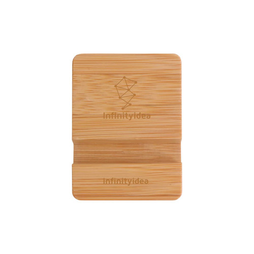 A bamboo phone holder with a natural finish, featuring a simple design and a logo on its surface.