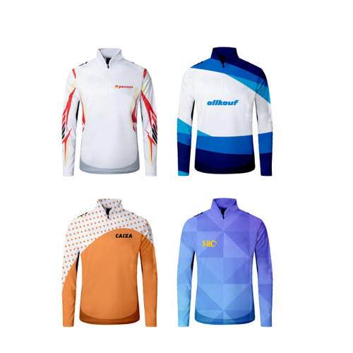 Men's polyester spandex fishing pullovers featuring various designs in white, blue, orange, and patterned styles. Each has a logo.