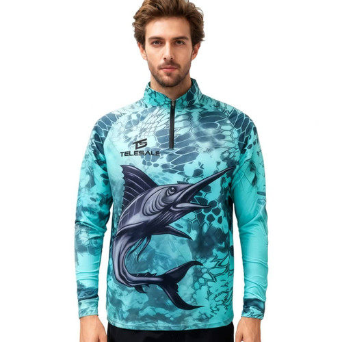 A men's quarter-zip fishing pullover in blue and teal, featuring a fish graphic and a logo.