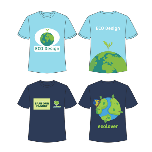 Four t-shirts displayed: two light blue with eco themes and two dark blue featuring planet designs and slogans.