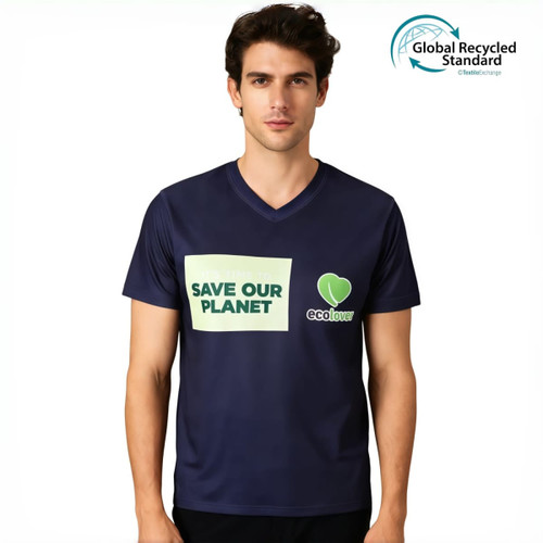 A unisex navy V-collar T-shirt featuring eco-friendly branding and logos. Made from recycled materials.