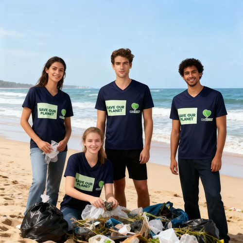 A group of four people wearing navy blue V-collar tee shirts stands on a beach with bags of collected waste.