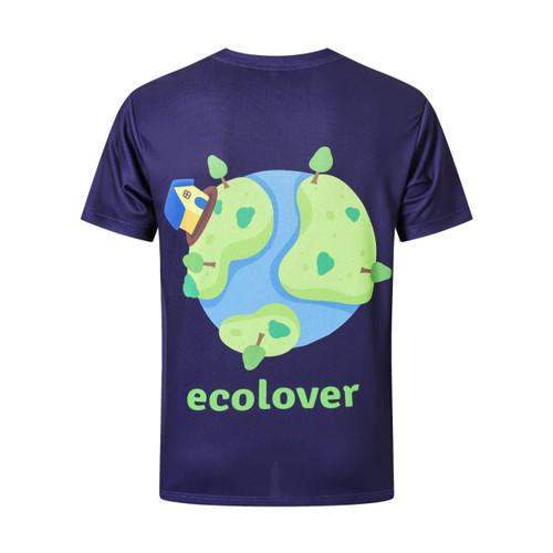 A unisex navy V-collar tee shirt featuring a graphic of a stylised Earth with trees and a house, along with the word "ecolover."