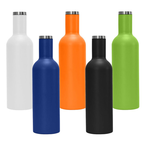 A drink bottle collection featuring white, blue, orange, black, and green colours with stainless steel accents.