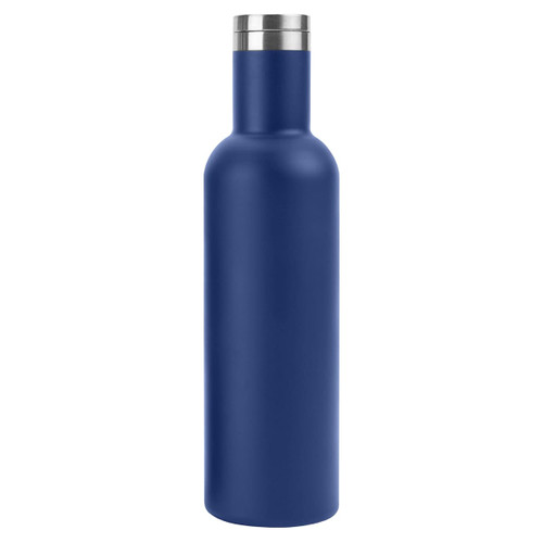 A drink bottle in navy blue, featuring a stainless steel lid and a sleek, modern design with a branding logo.