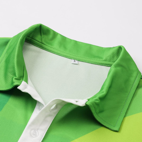 A close-up of a green and white unisex polo shirt, featuring a collar and a logo.